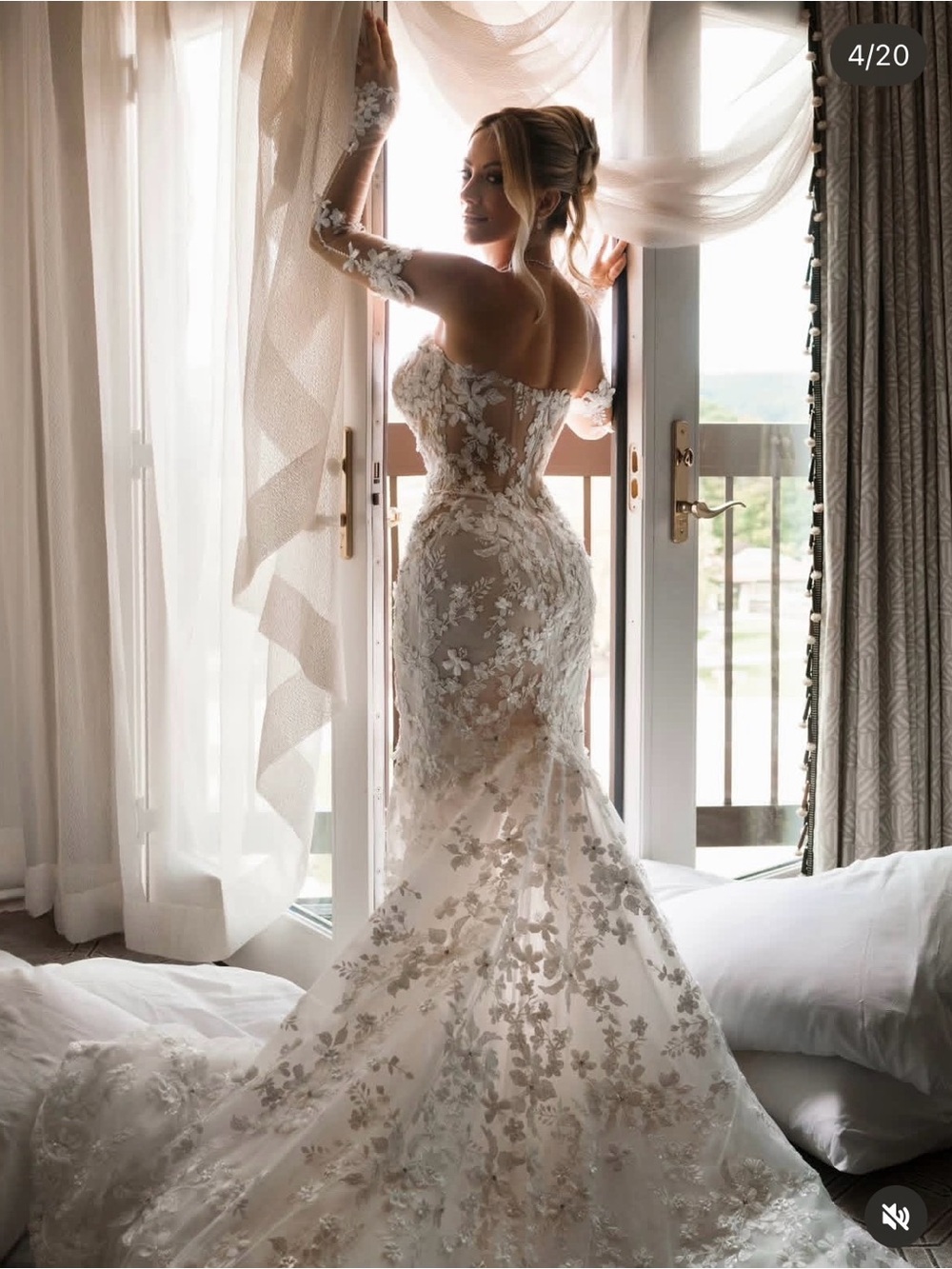 Ivory Floral Lace Off-Shoulder Mermaid Wedding Gown